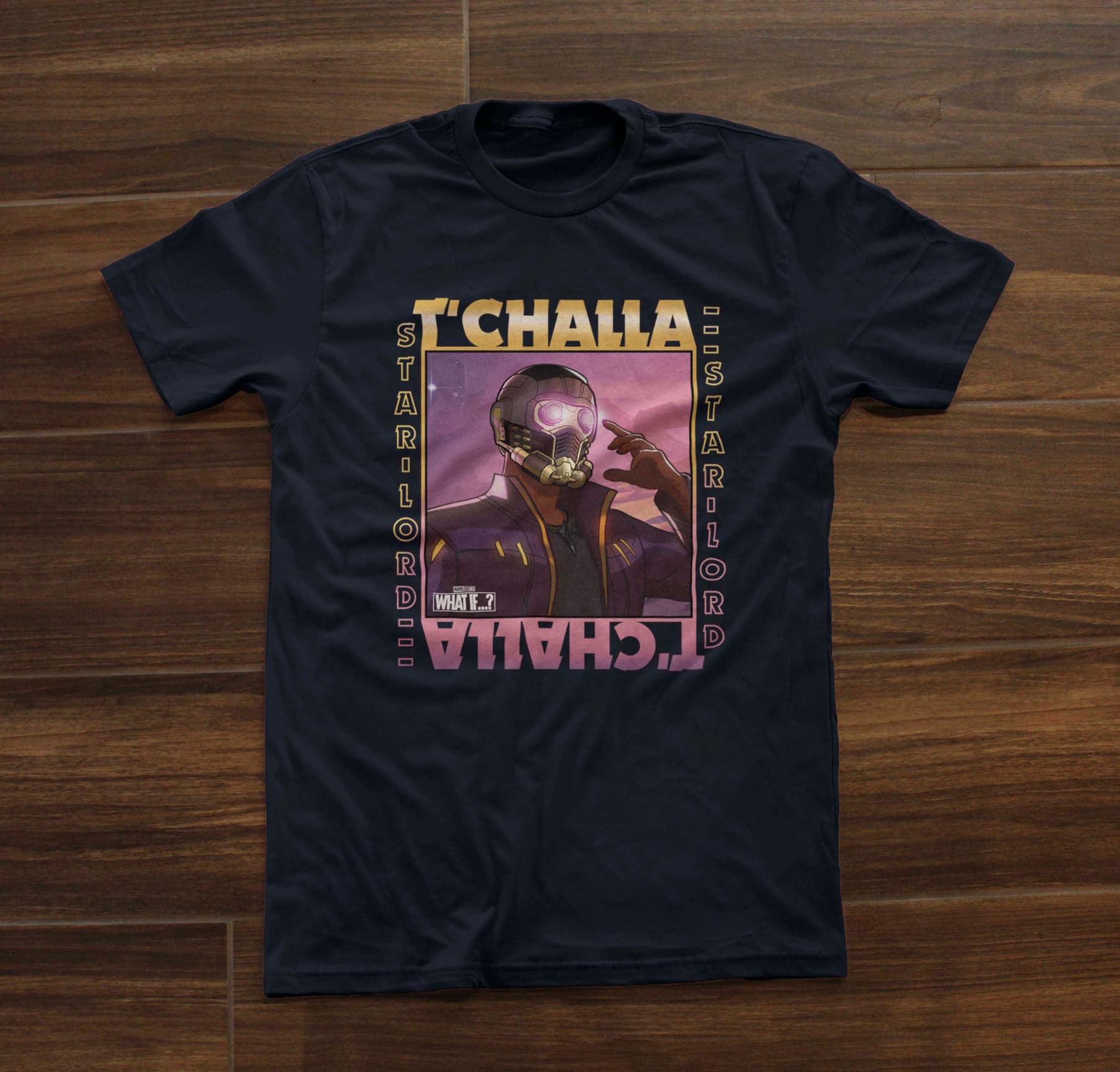 What If T’Challa Was Star-Lord? Shirt / shop it <a href=https://www.hottopic.com/product/marvel-what-if...-tchalla-was-star-lord-frame-t-shirt/16643001.html>here</a>