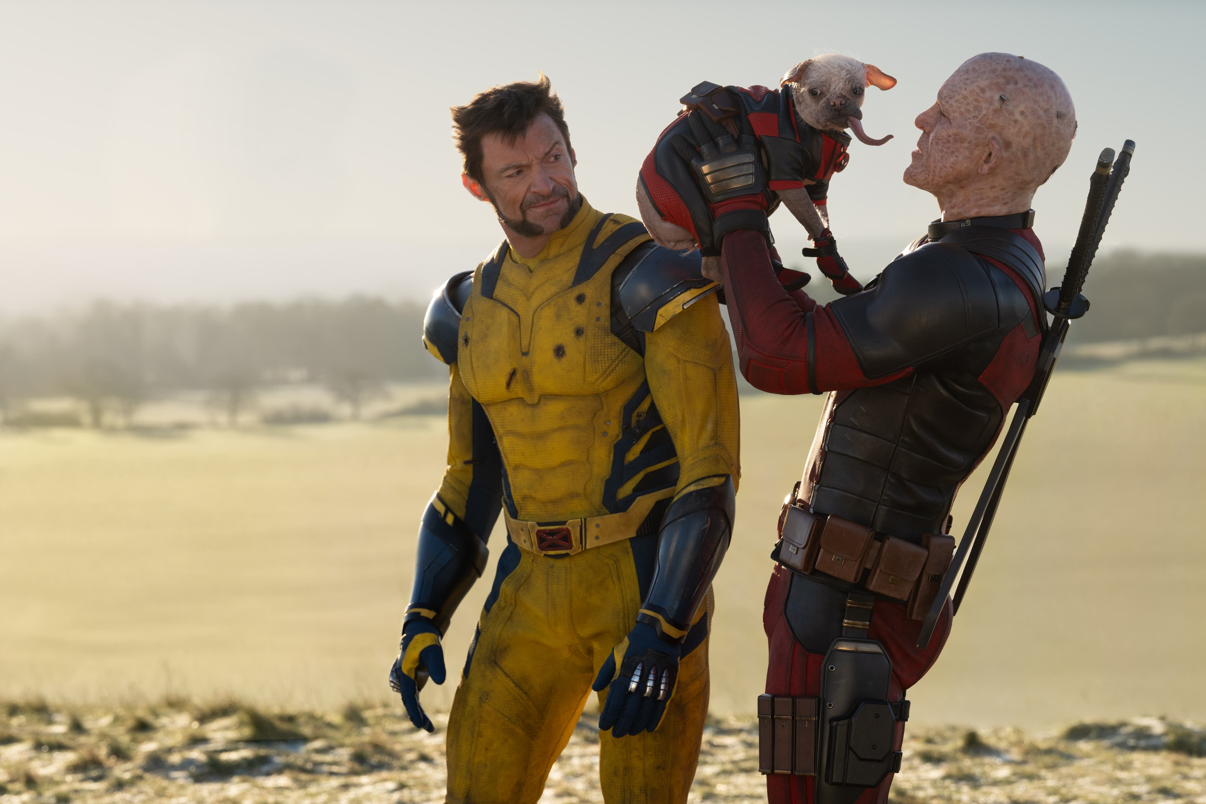 Hugh Jackman, Ryan Reynolds, and Peggy in 'Deadpool & Wolverine'