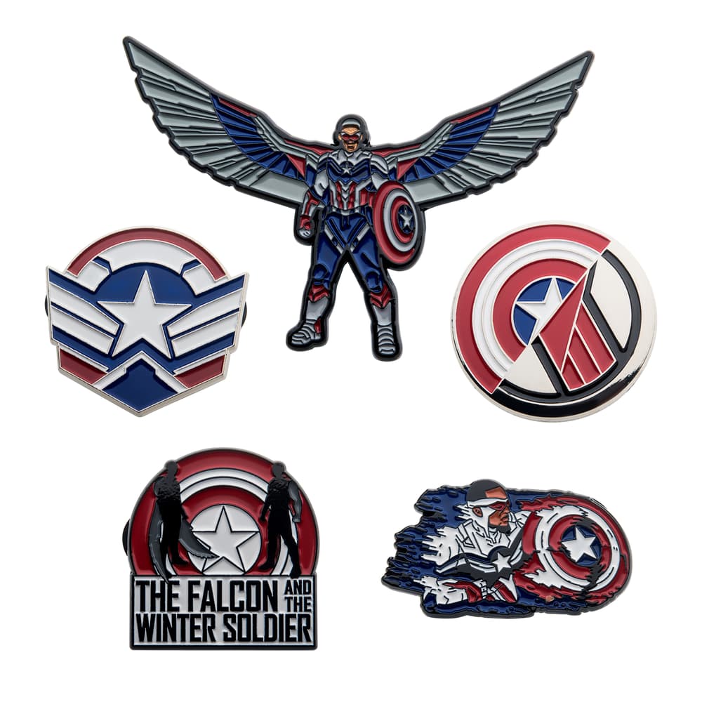 <a href=https://www.amazon.com/Marvel-Disney-Falcon-Amazon-Exclusive/dp/B08WJQPYVF>’The Falcon and The Winter Soldier’ Pin Set</a> / Amazon