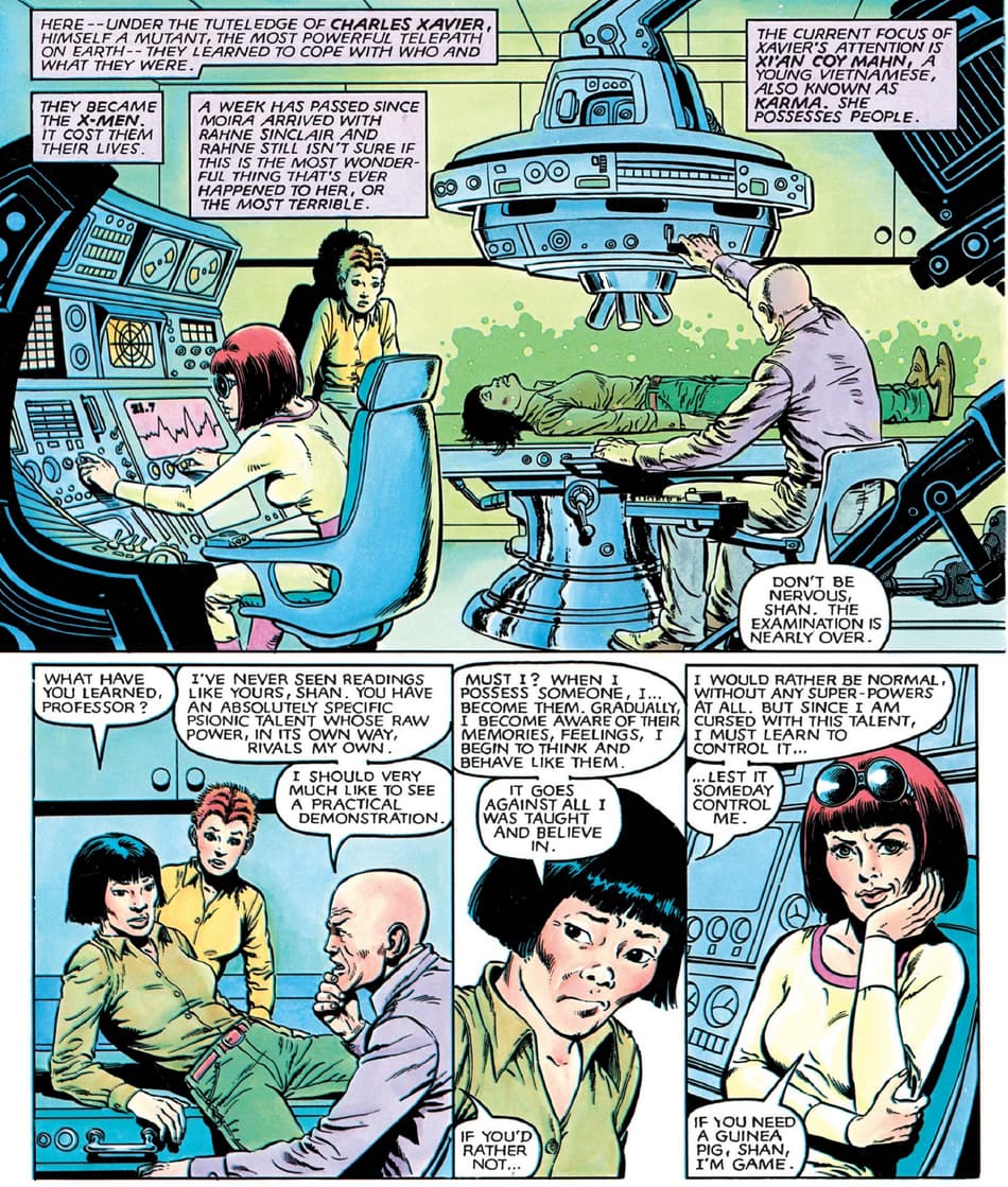 Karma has her powers examined by Professor X in THE NEW MUTANTS MARVEL GRAPHIC NOVEL (1982).