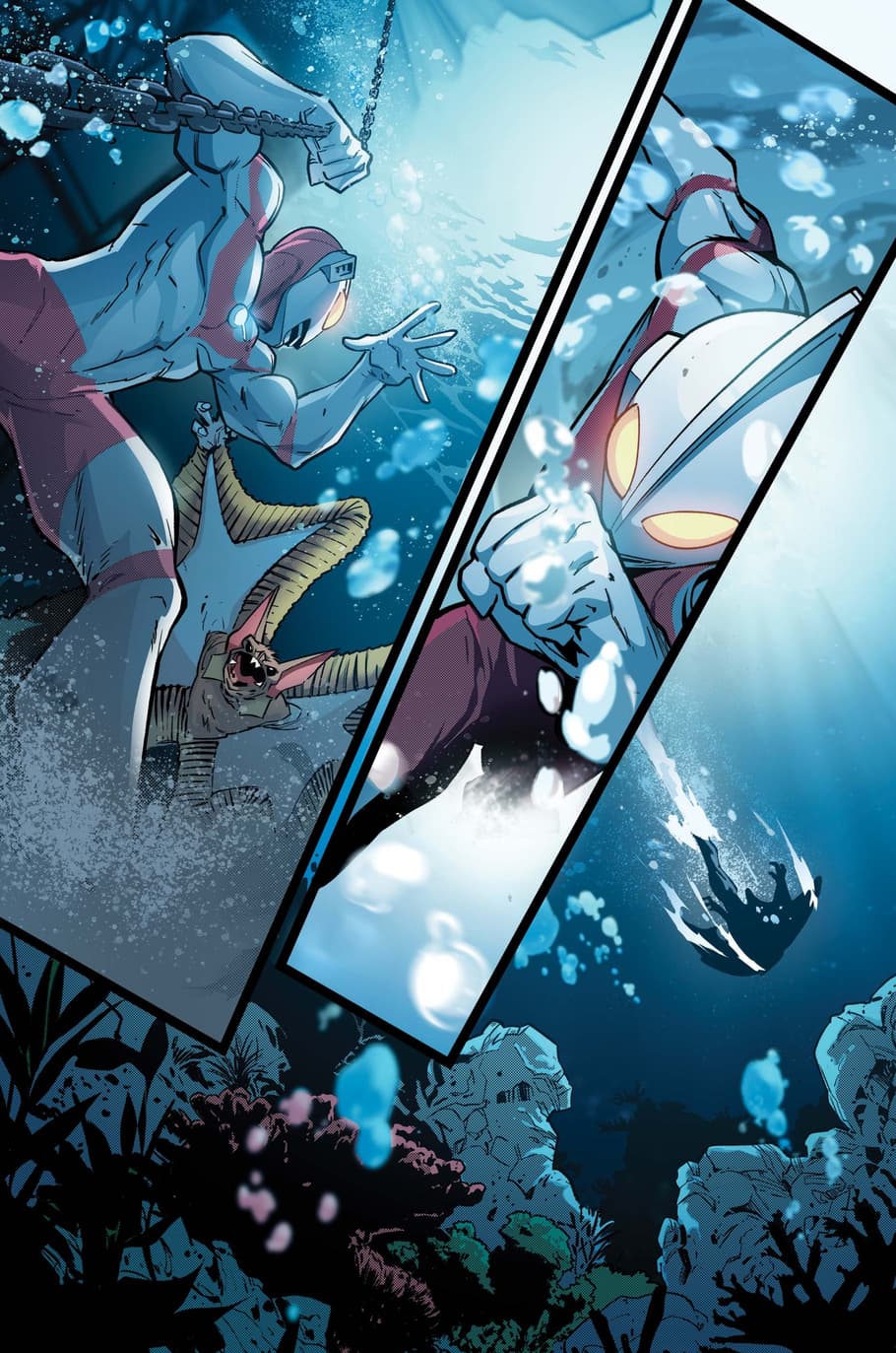 Shin Hayata  fights a monster of the deep in THE TRIALS OF ULTRAMAN (2021) #1.