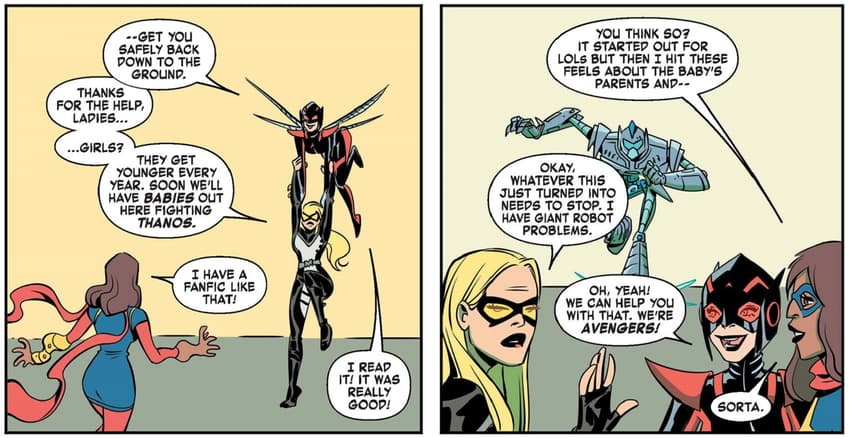 Kamala and Nadia Pym distract Mockingbird.