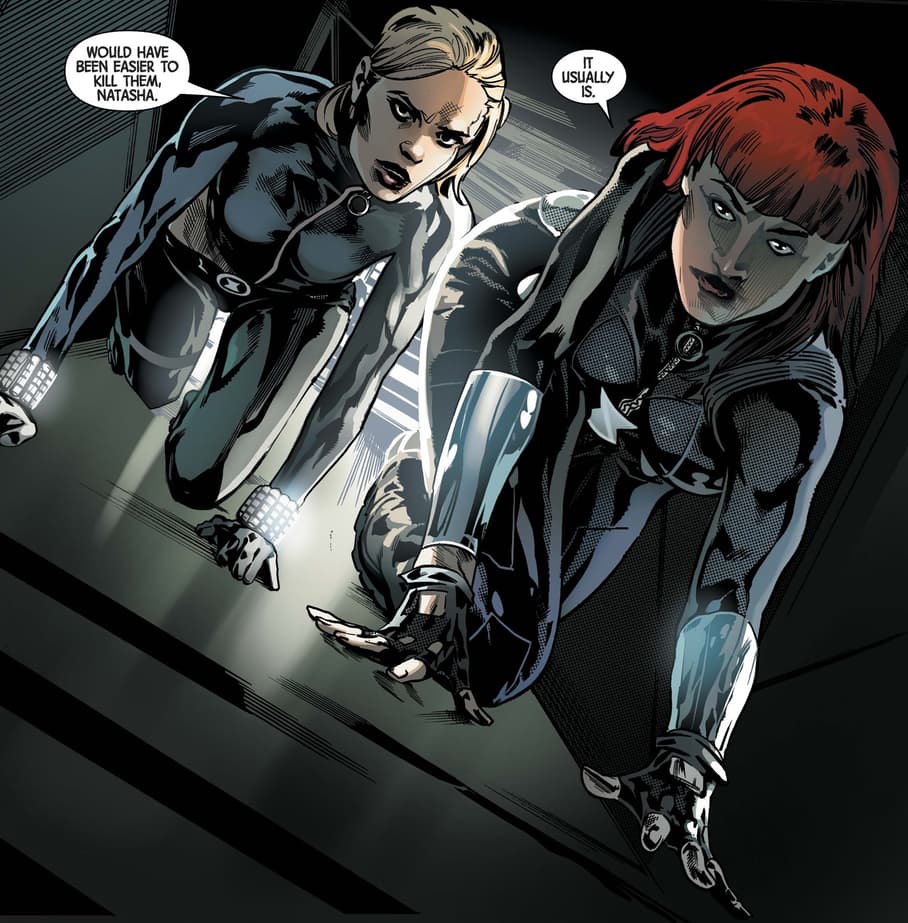 Yelena and Natasha take on a mission together in THE WEB OF BLACK WIDOW (2019) #3.