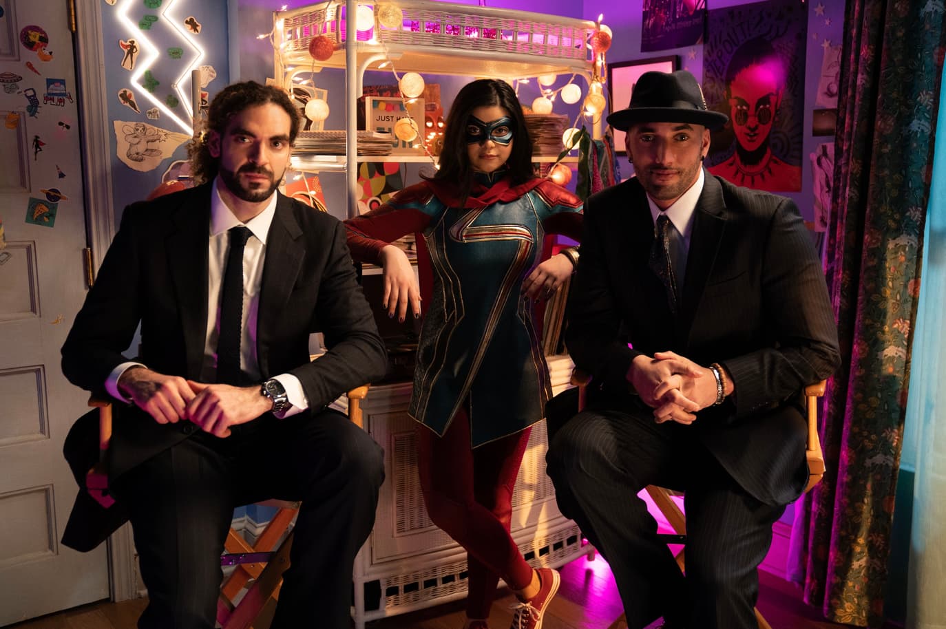 Directors Bilall Fallah and Adil El Arbi, with Iman Vellani