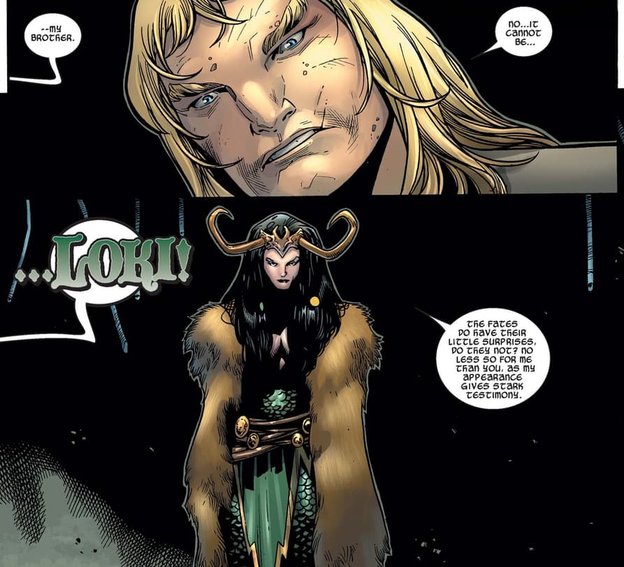The first appearance of female Loki in THOR (2007) #5.