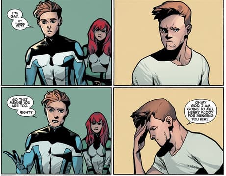 Iceman tells his older self that he is gay in UNCANNY X-MEN (2013) #600.
