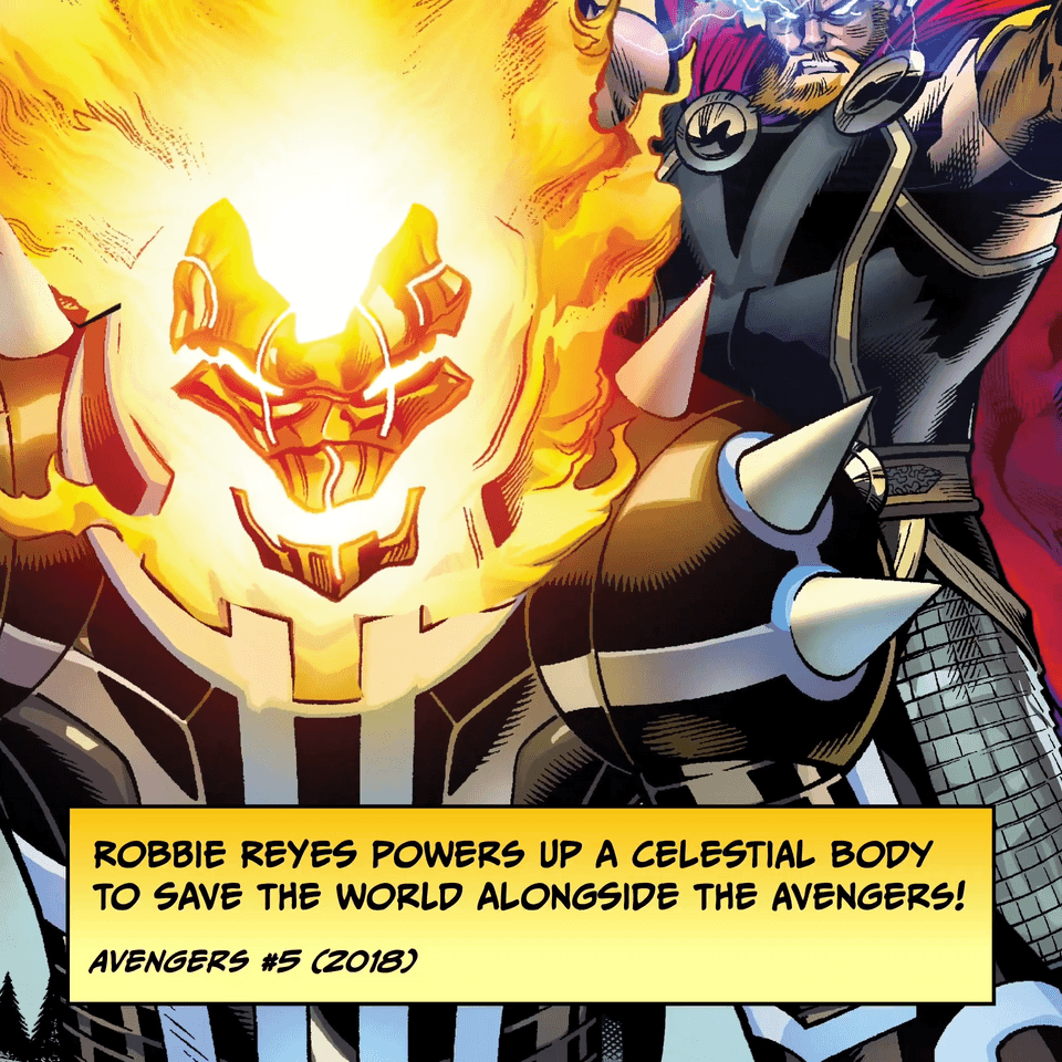 Robbie Reyes powers up a celestial body to save the world alongside the Avengers! AVENGERS #5 (2018)