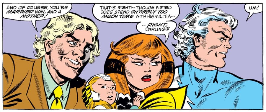 Norm chats to Crystal while Quicksilver is distracted.