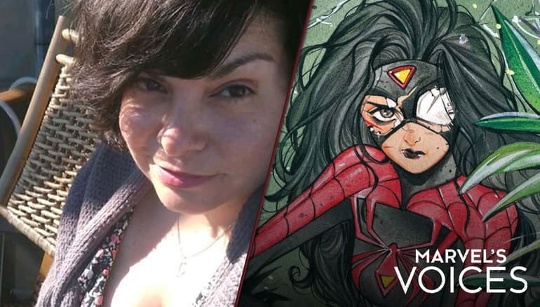 Karla Pacheco and Spider-Woman with Marvel's Voices Logo
