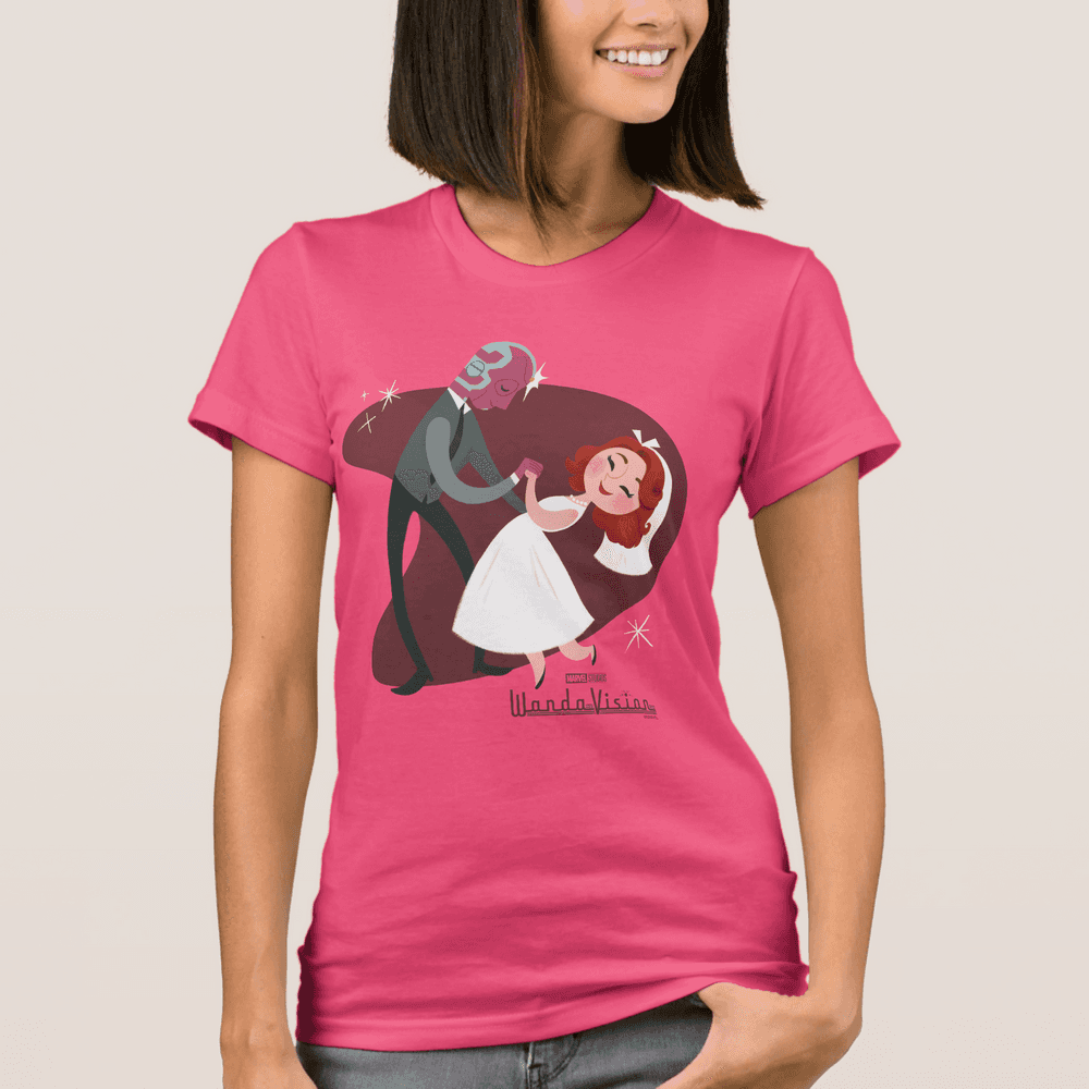 <a href=https://www.shopdisney.com/wandavision-newlyweds-t-shirt-for-women-customized-7200003122ZES.html>Newlyweds T-Shirt</a> / ShopDisney 
