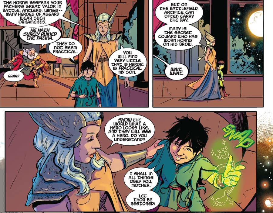 Freyja offers advice to her little mischief-maker in WAR OF THE REALMS: WAR SCROLLS (2019) #2.