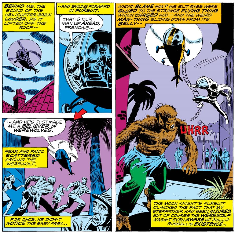 The Werewolf versus the mercenary Moon Knight in WEREWOLF BY NIGHT (1972) #32.