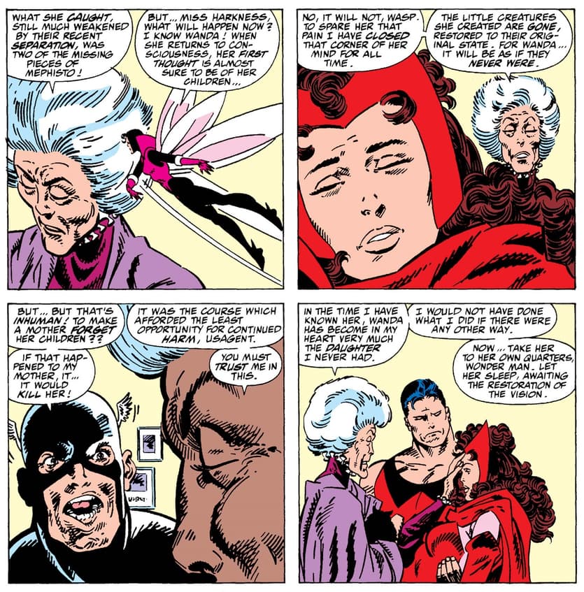 Agatha erases the twin from Wanda's memory in WEST COAST AVENGERS (1985) #52.