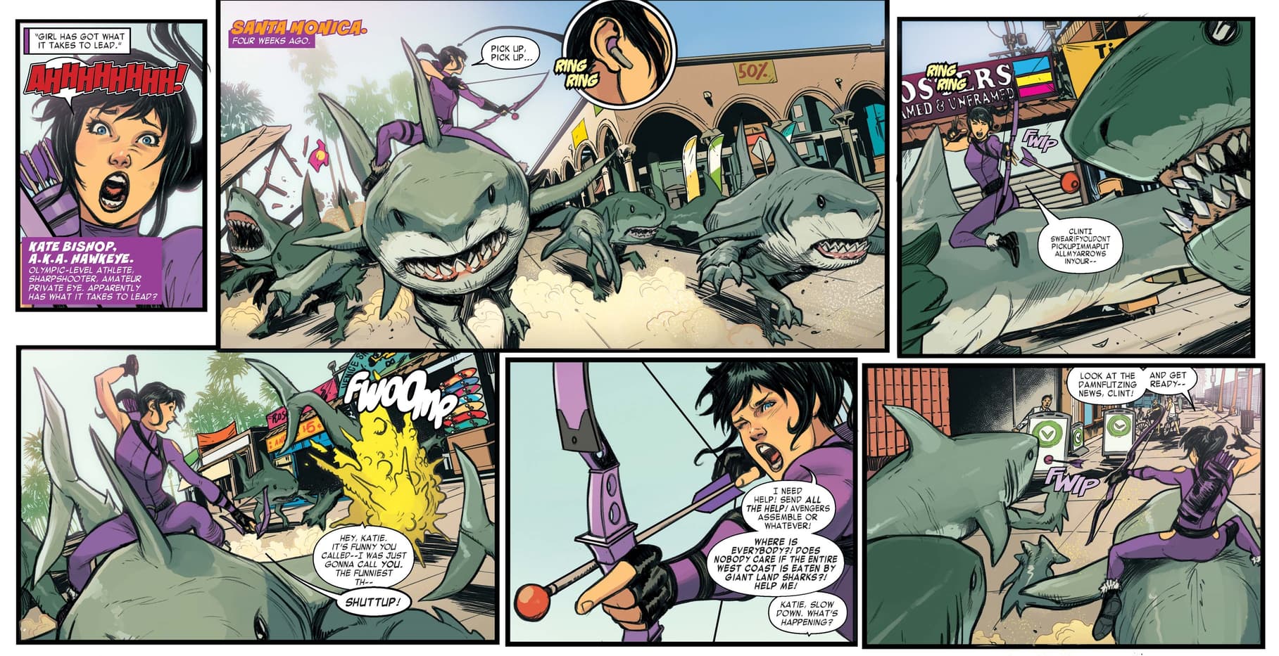 Kate versus land sharks in WEST COAST AVENGERS (2018) #1.