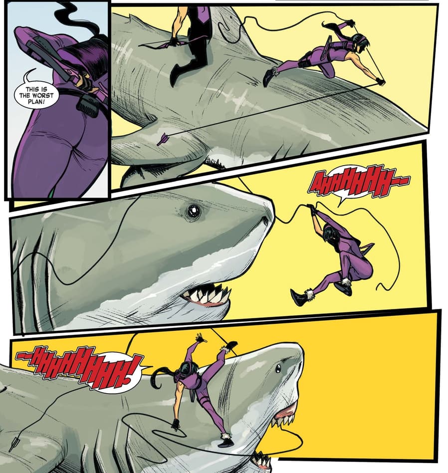 Kate corralling some land sharks in WEST COAST AVENGERS #1.