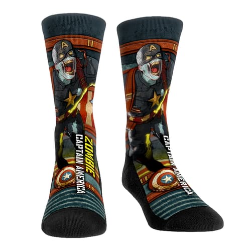 Zombie Captain America Socks - Sideplot  / shop it <a href="https://rockemsocks.com/collections/what-if/products/what-if-zombie-captain-america-sideplot">here</a>