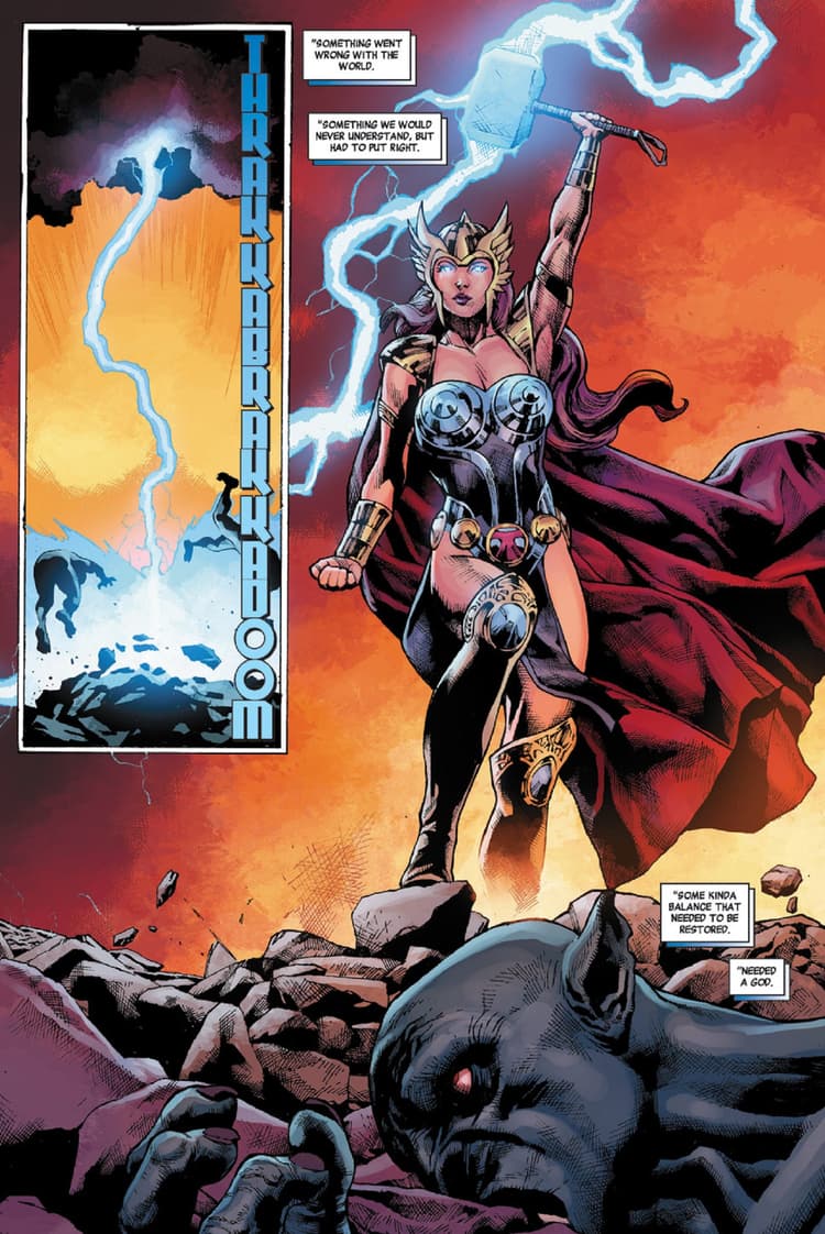 Black Widow takes the hammer of Thor and becomes a god of thunder.