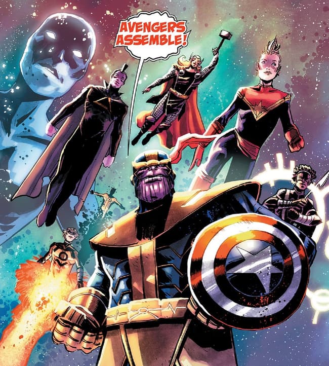 Thanos leads the Avengers with Captain America's shield in WHAT IF? INFINITY- THANOS (2015) #1.