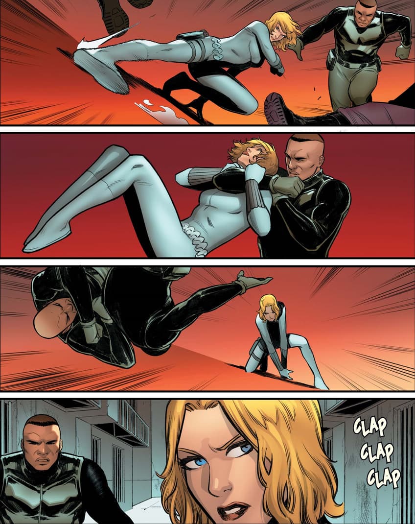 Yelena gets a drop kick on her enemies in WIDOWMAKERS: RED GUARDIAN AND YELENA BELOVA (2020) #1.