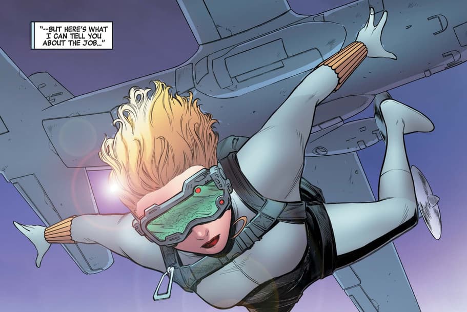 Yelena Belova leaps from a plane while on a mission.