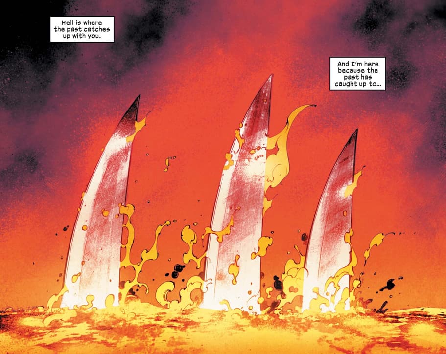 Wolverine's claws emerge from a fiery pit.