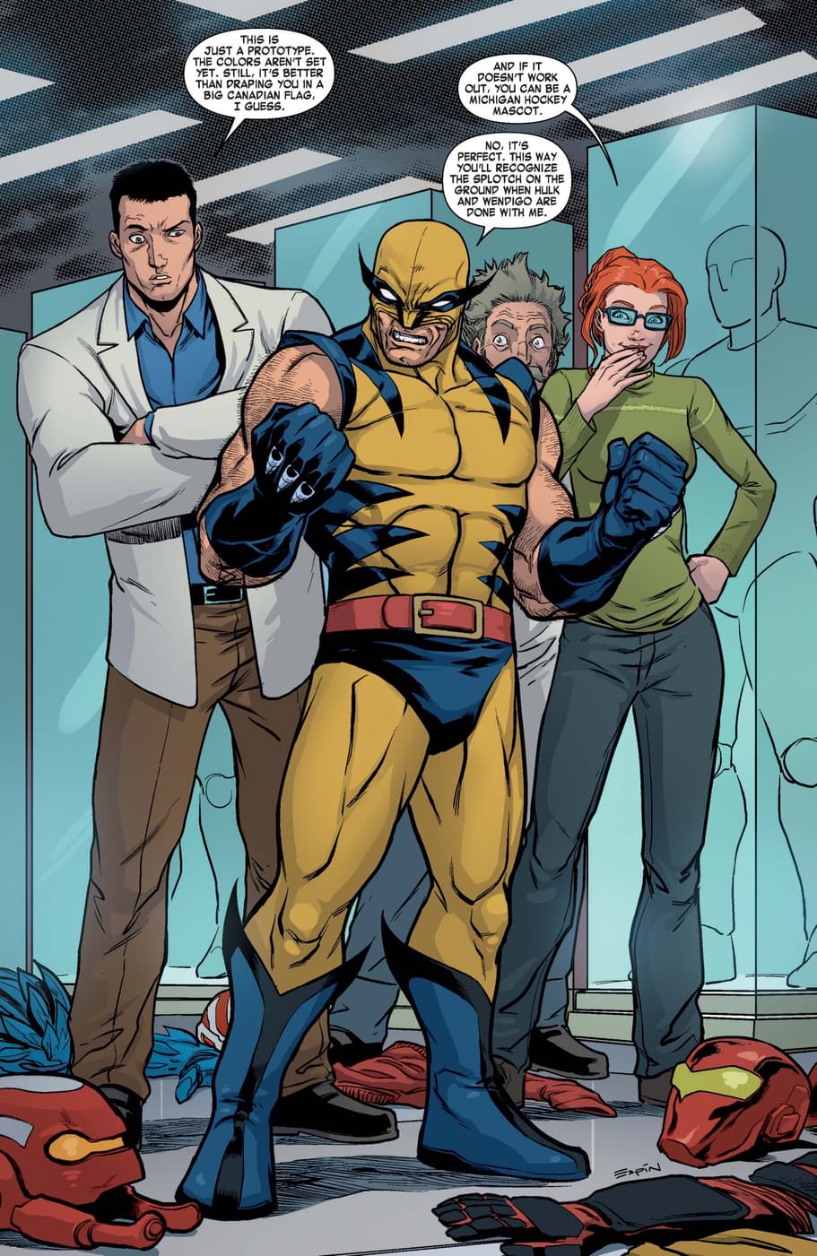 Wolverine tries on his iconic costume for the first time in WOLVERINE: SEASON ONE (2013).