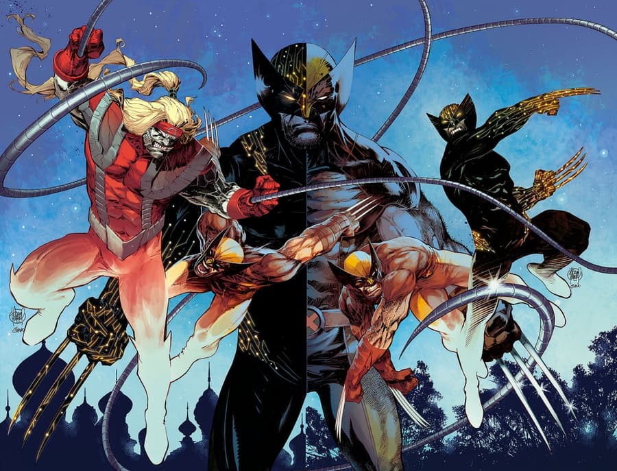 X LIVES OF WOLVERINE #5 and X DEATHS OF WOLVERINE #5 connecting cover by Adam Kubert.
