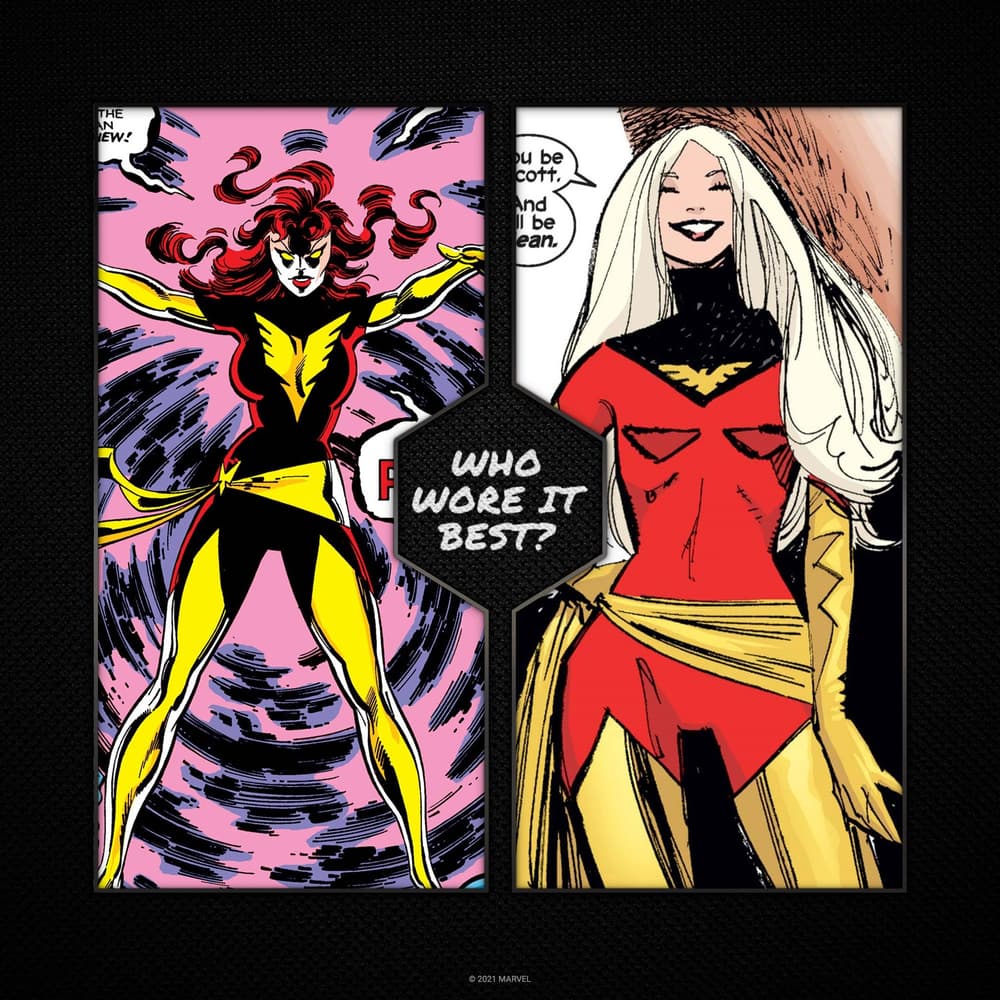 Emma Frost wearing Jean Grey's Dark Phoenix costume