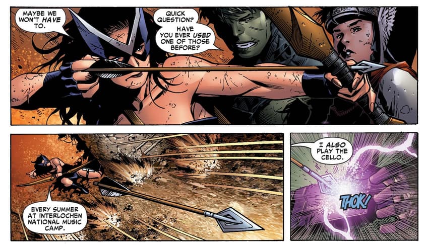 Kate Bishop lets loose an arrow against Kang!