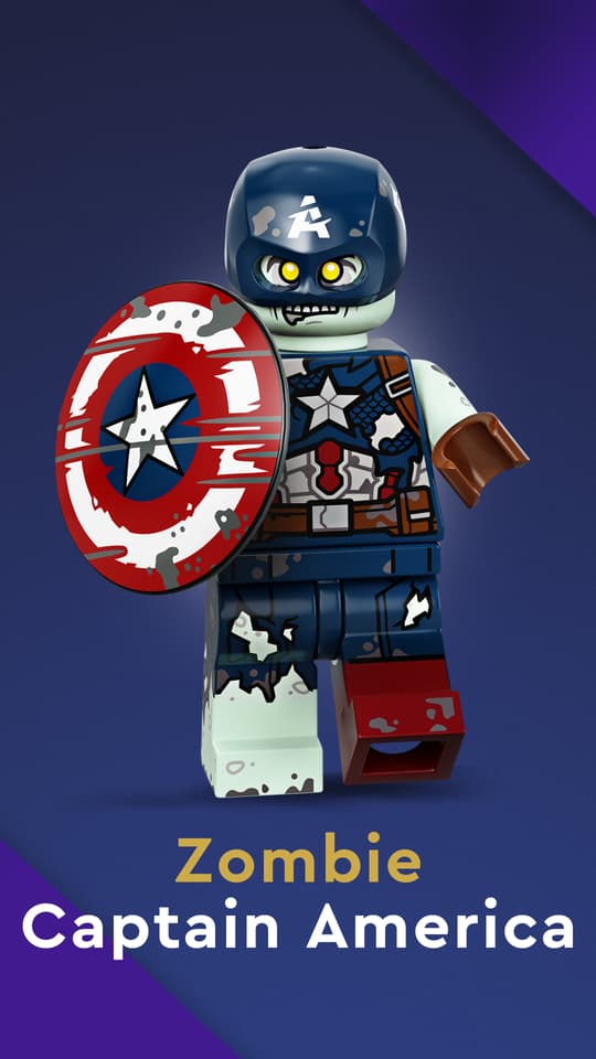 LEGO Minifigures - Zombie Captain America  / shop it <a href="https://www.lego.com/en-us/product/lego-minifigures-marvel-studios-71031">here</a>