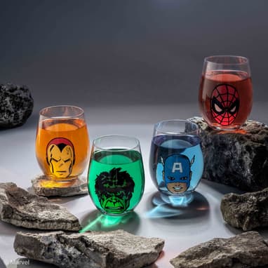 JoyJolt Marvel Heroes Stemless Drinking Glasses, 19oz Superhero Cups ft Hulk Captain America Spider-Man and Iron Man, Avengers Glassware Set of 4