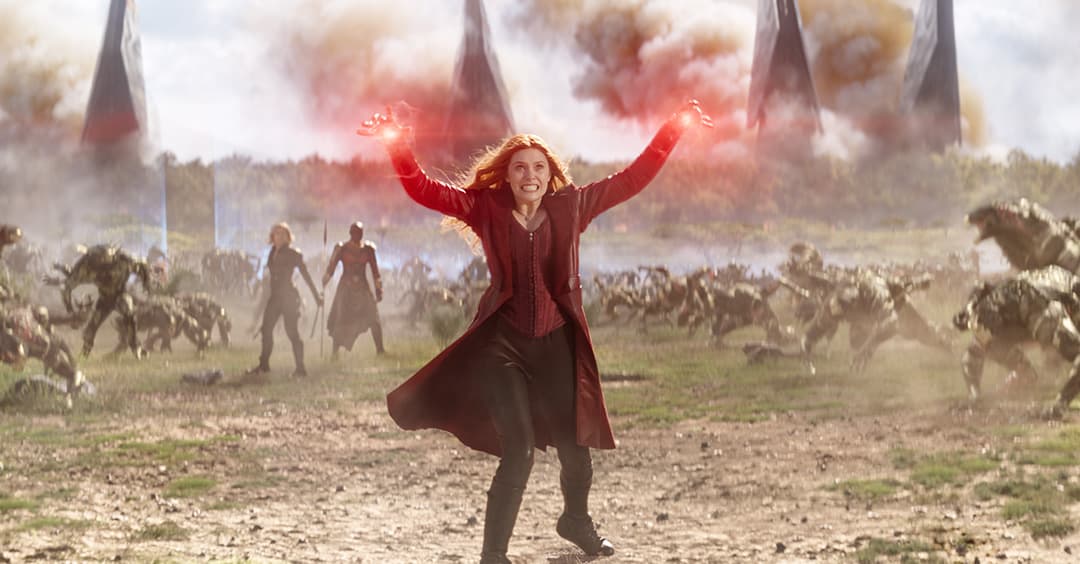 Wanda Maximoff (Scarlet Witch) on the battlefield fighting enemies in the Battle of Wakanda