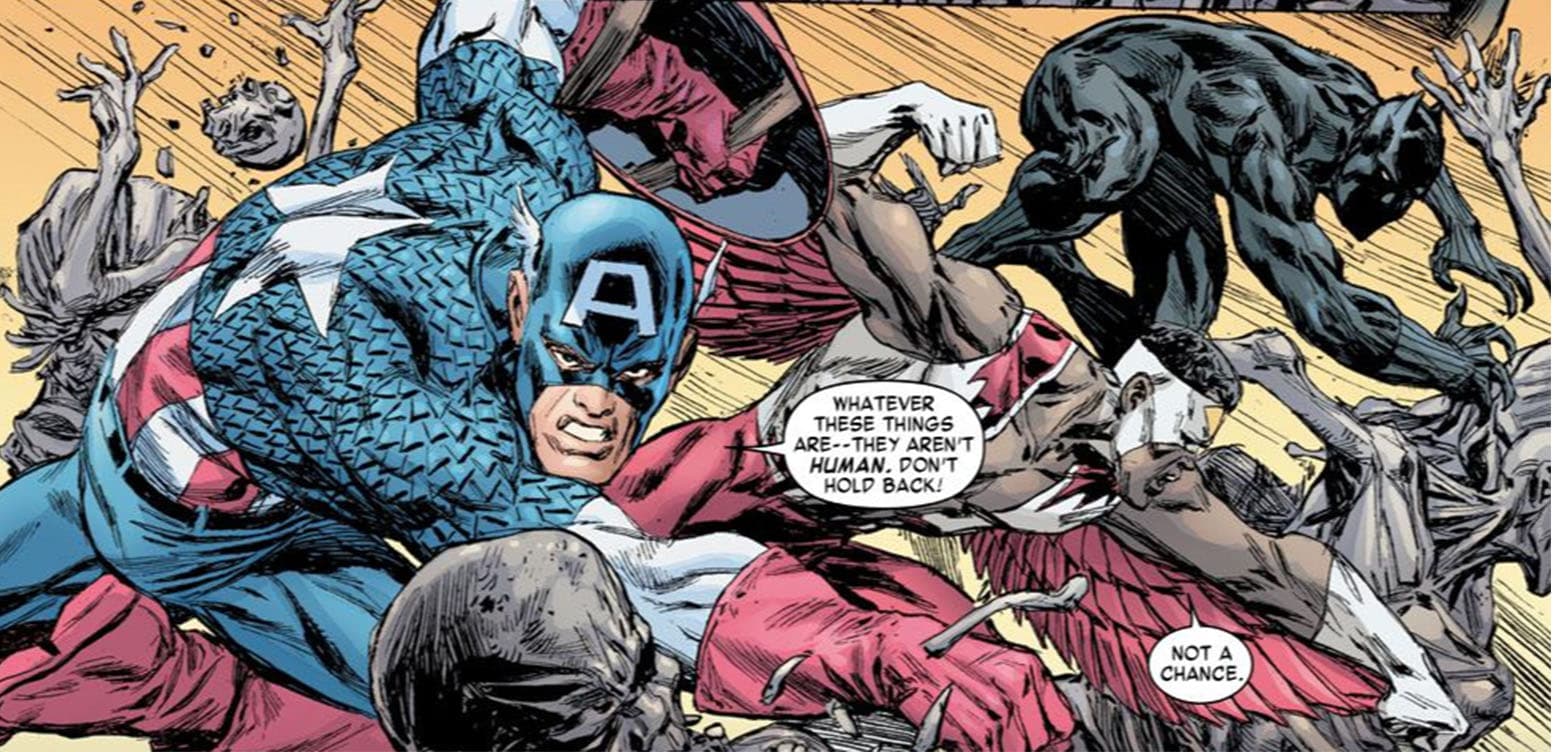 Falcon fights zombies with Cap and Black Panther