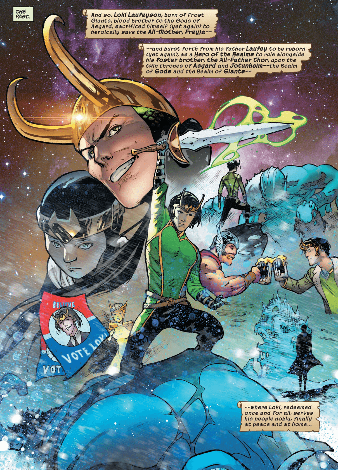 Heroic Loki standing upon Laufey with past iterations of himself behind him