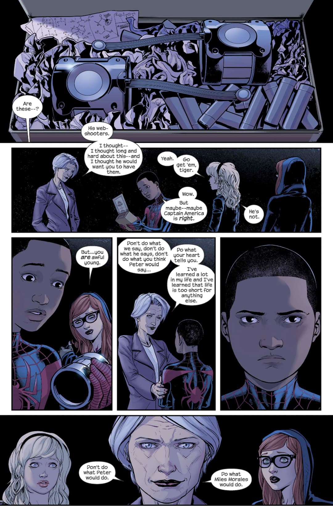 May, Gwen, and Mary Jane giving Miles Peter's web shooters