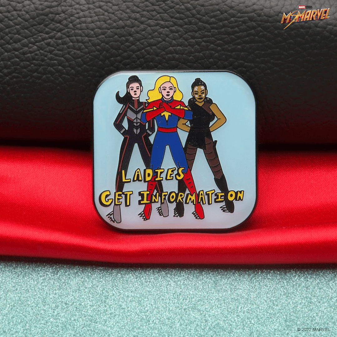AvengerCon Pin / shop it <a href=https://www.boxlunch.com/product/marvel-ms.-marvel-ladies-get-information-enamel-pin---boxlunch-exclusive/18053865.html >here</a>