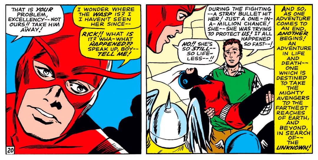 Wasp (Janet Van Dyne) seriously wounded by a stay bullet