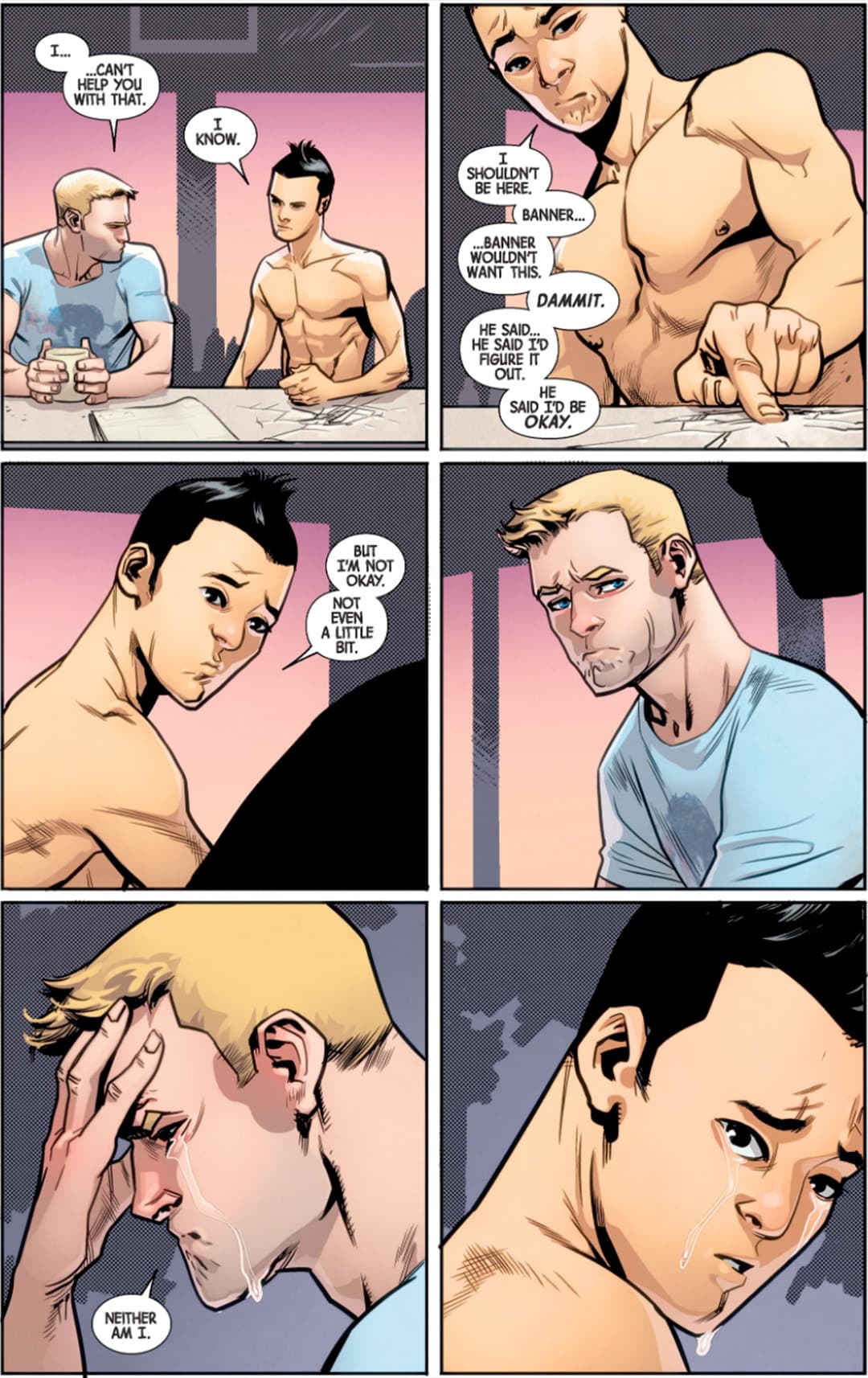 Amadeus was sidetracked when he was then called to fight a giant insectoid monster in Texas, but found Hawkeye weeks later in a diner in Topeka, Kansas. Cho voiced his wish to kill Barton out of revenge, but instead, his anger cooled and the two cried over the death of their friend, Bruce Banner.