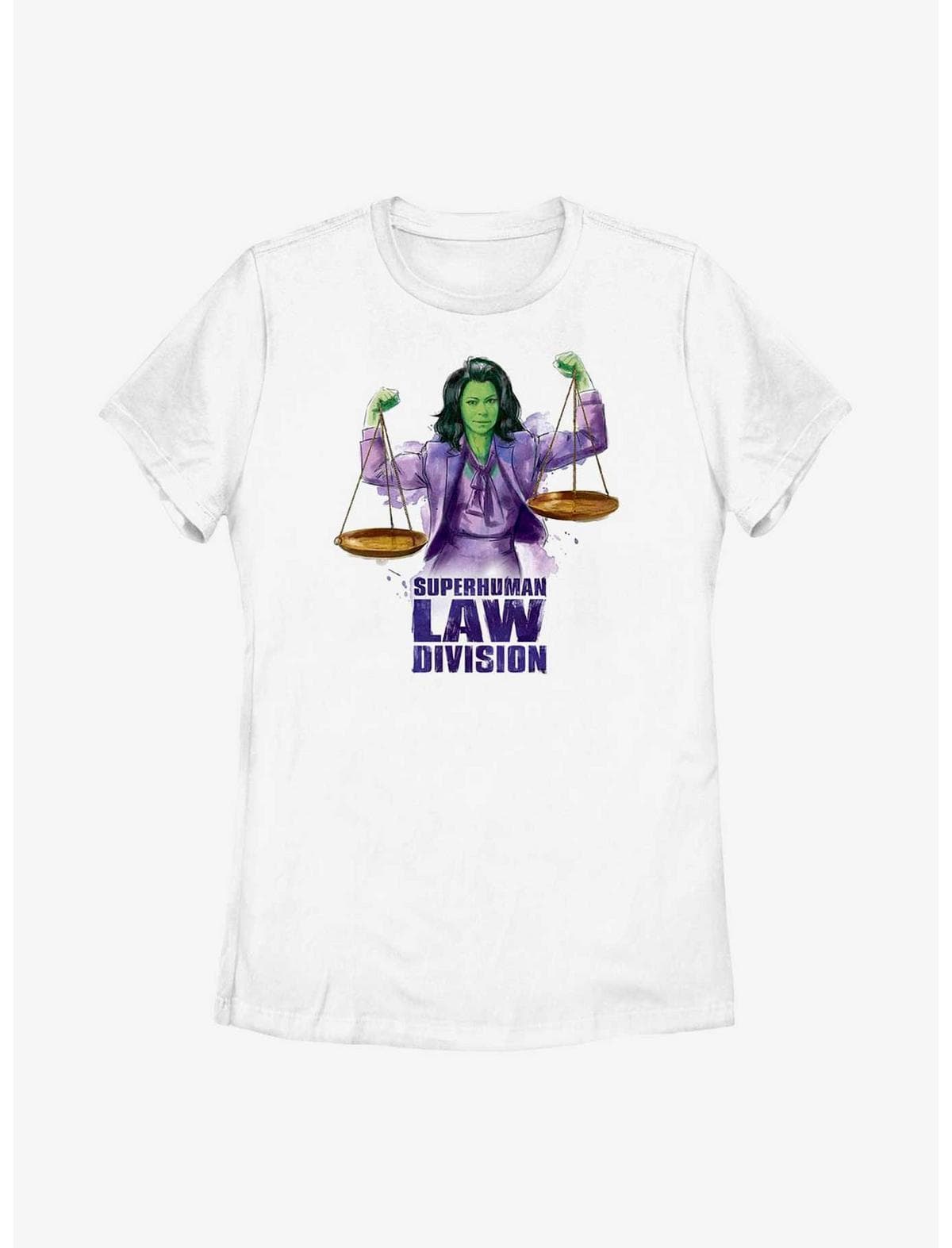 Super Human Law Scales t-shirt / shop it <a href=https://www.boxlunch.com/product/marvel-she-hulk-superhuman-law-scales-womens-t-shirt/19781419.html>here</a>