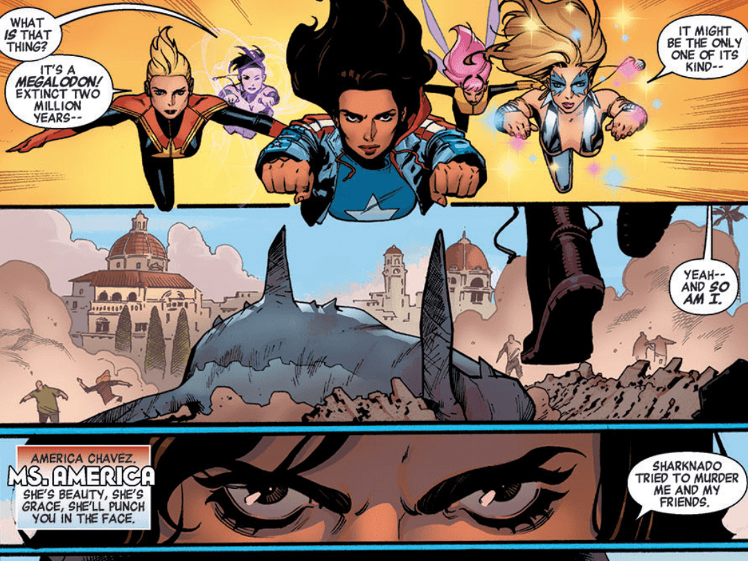 America fights with A-Force to defend Arcadia