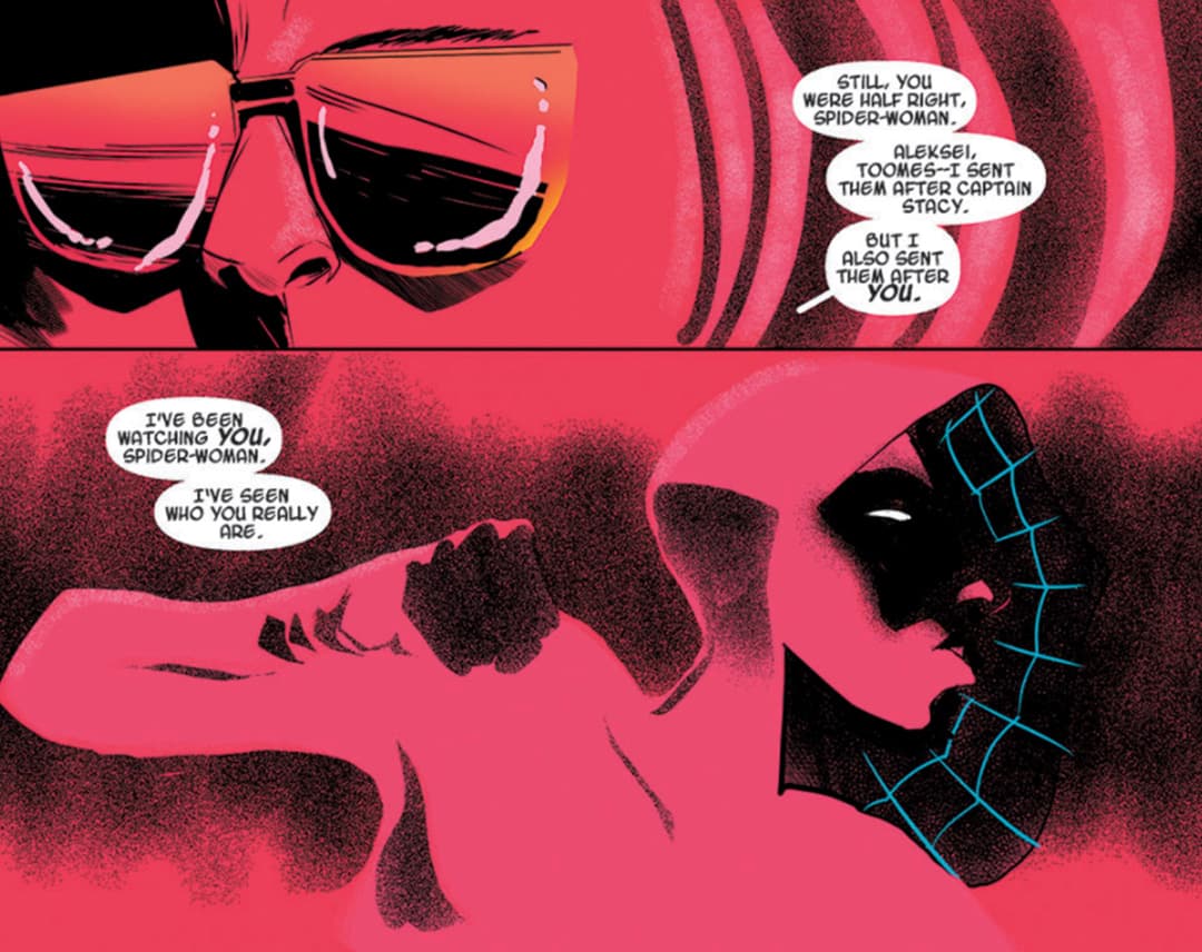 Spider-Woman being watched by her enemies