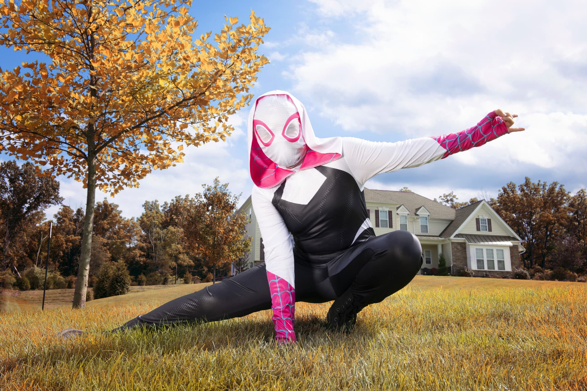 Adult Spider-Gwen costume / shop it <a href=https://www.gamestop.com/clothing/womens/costumes/products/jazwares-spider-man-across-the-spider-verse-spider-gwen-adult-costume/340476.html>here</a>