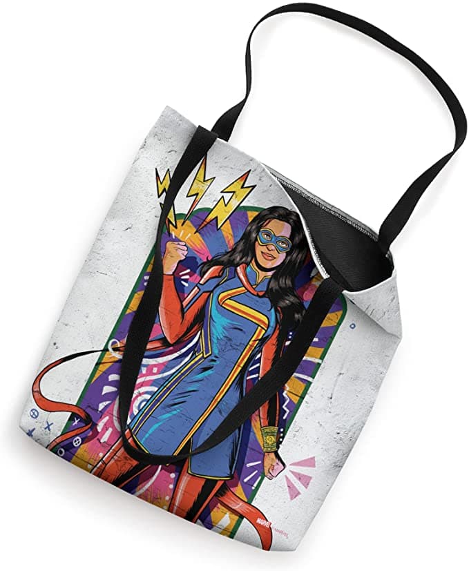 Ms. Marvel tote / shop it <a href=https://www.amazon.com/Marvel-Kamala-Khan-Mural-Tote/dp/B09YVXG1WM>here</a>