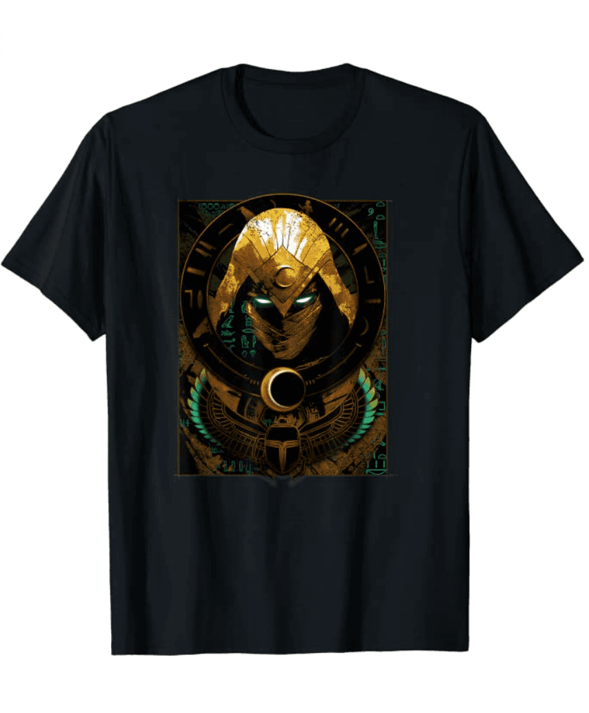 Moon Knight Scarab t-shirt / shop it <a href=https://www.amazon.com/Marvel-Knight-Scarab-Poster-T-Shirt/dp/B09TS3L64R>here</a>