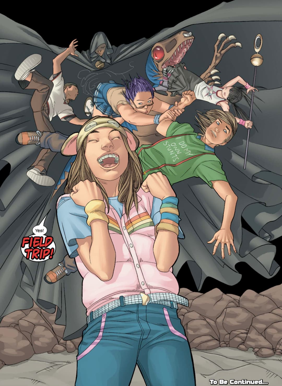 Molly and the Runaways being teleported by Cloak.