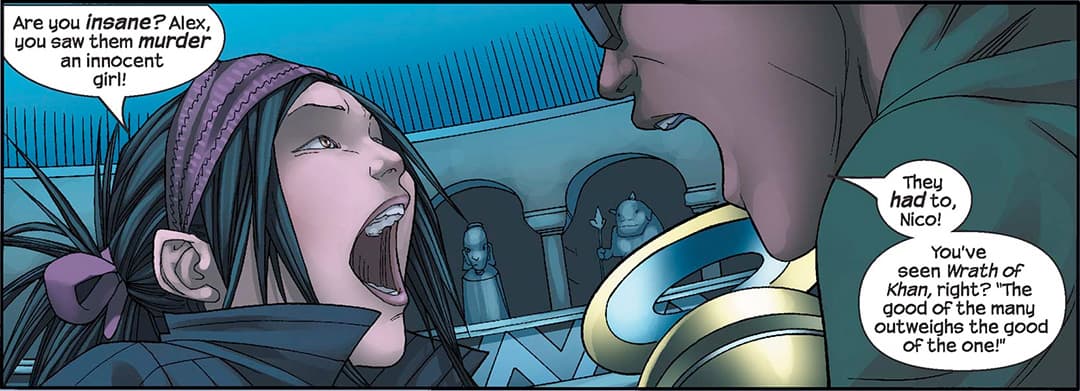 Alex argues with Nico after he betrays the Runaways.