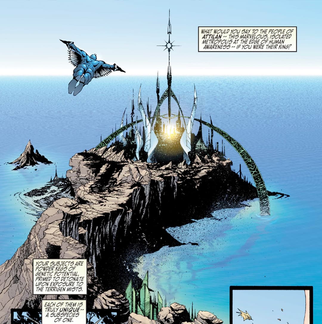 Black Bolt flying over his home of Attilan