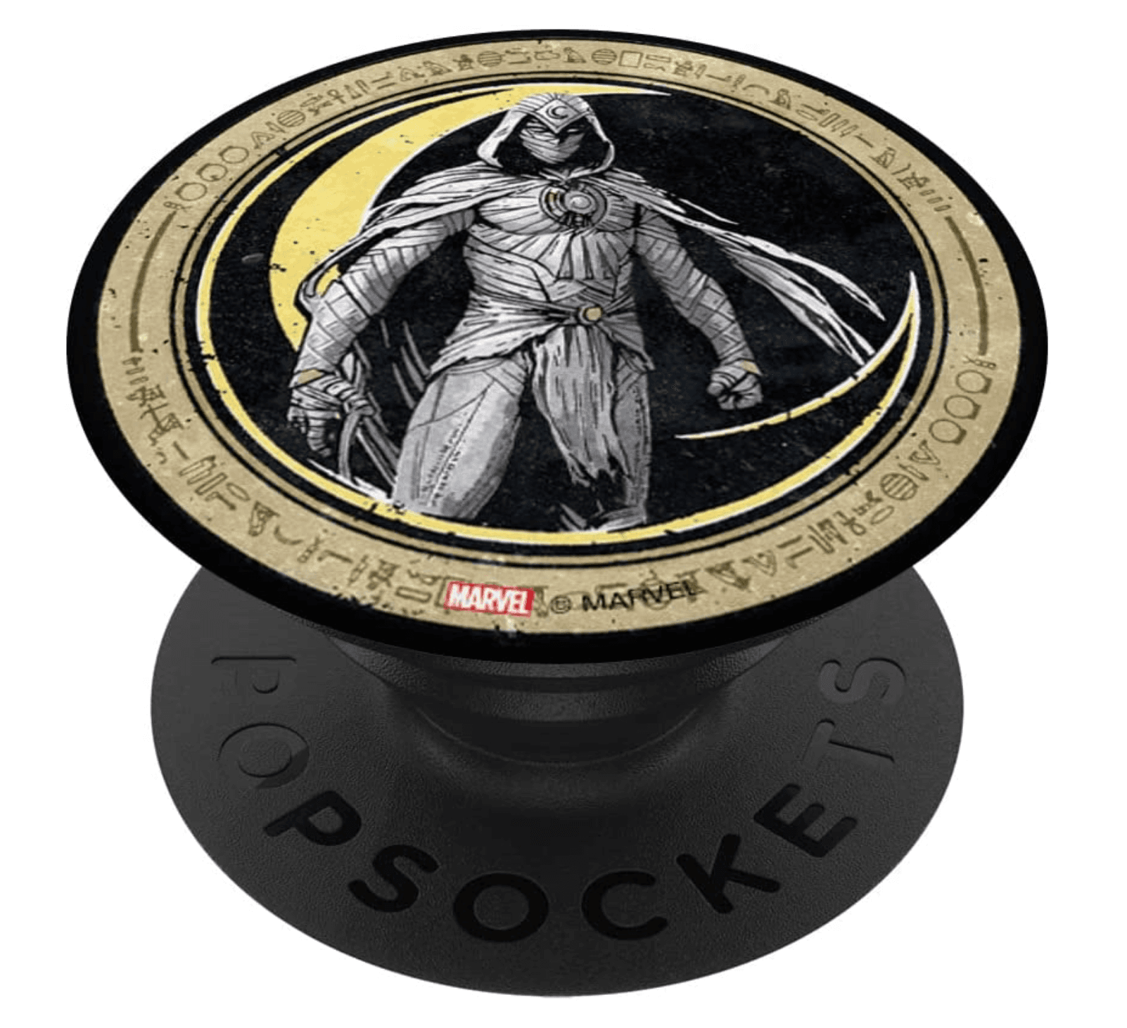 Moon Knight Crescent Egyptian Hieroglyphs PopSocket / shop it <a href=https://www.amazon.com/Marvel-Crescent-Hieroglyphs-PopSockets-Swappable/dp/B09TV1Y7HR>here</a>
