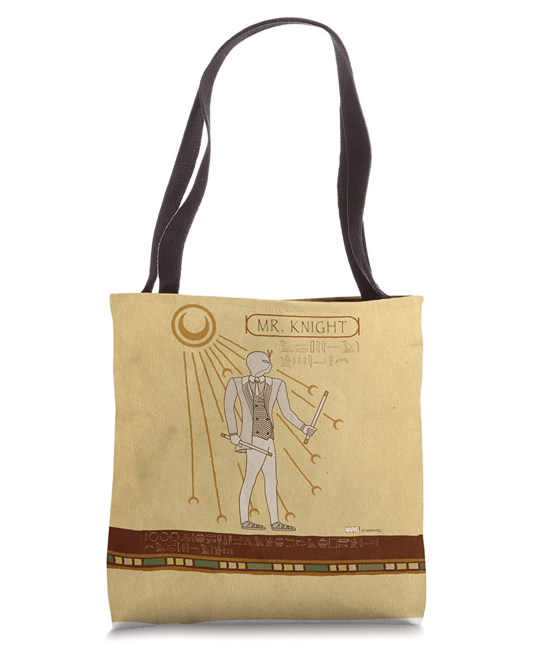 Mr. Knight Egyptian Hieroglyphs Tote Bag / shop it <a href=https://www.amazon.com/Marvel-Moon-Knight-Egyptian-Hieroglyphs/dp/B09TV7KZNH>here</a>