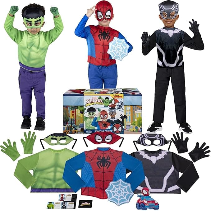 MARVEL Spidey Friends Child Costume Dress-Up Box - Tops, Gloves, and Plastic Masks of Spidey, Hulk and Black Panther (3-4T)